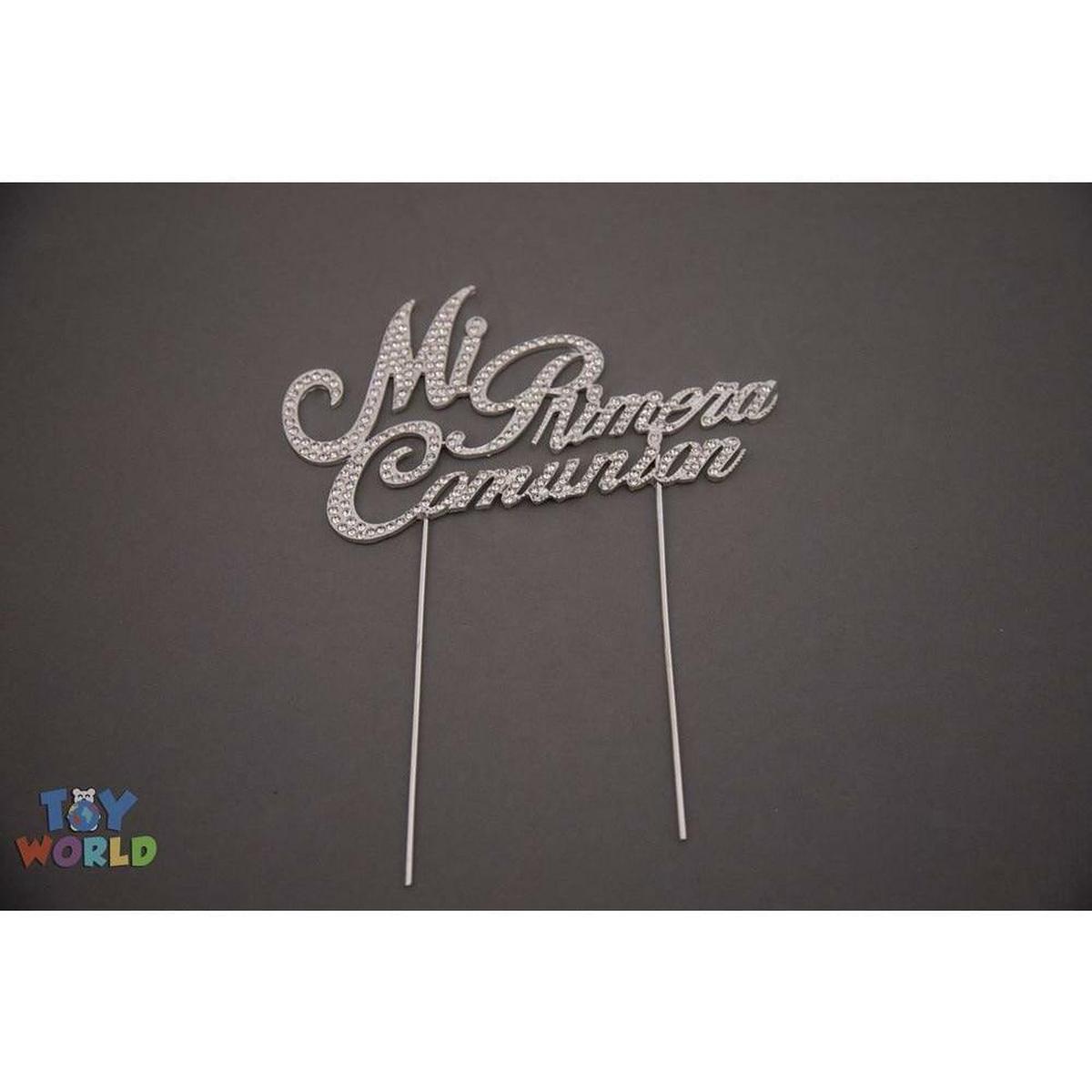 6.75inW x 3inH Rhinestone Cake Topper inPrimera Comunionin – Silver
