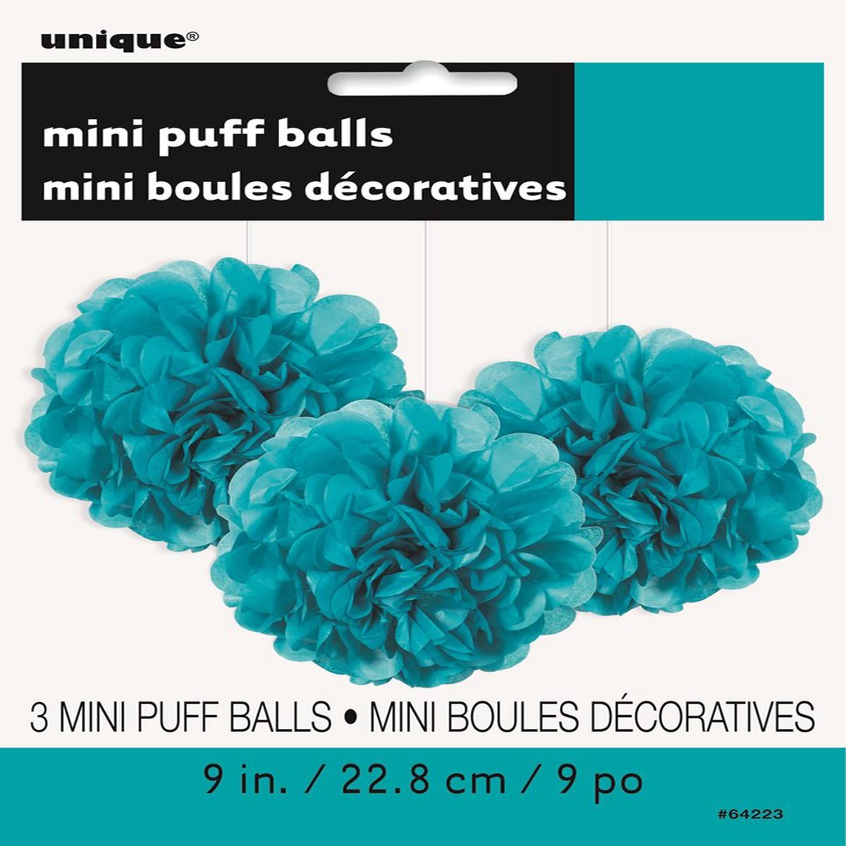 Caribbean Teal Mini Puff 9 inch Tissue Decorations, 3ct