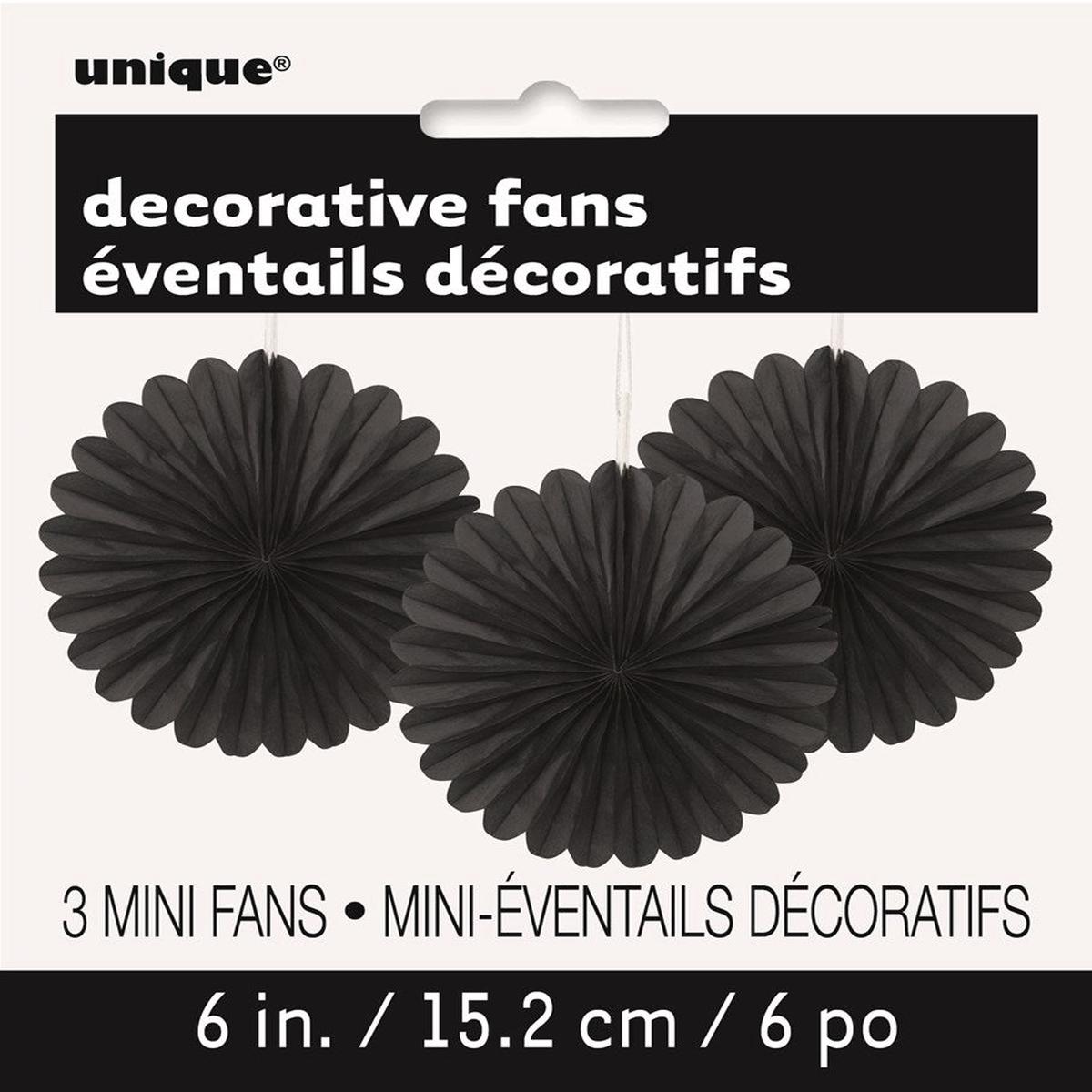 Black Solid 6  Tissue Paper Fans, 3ct