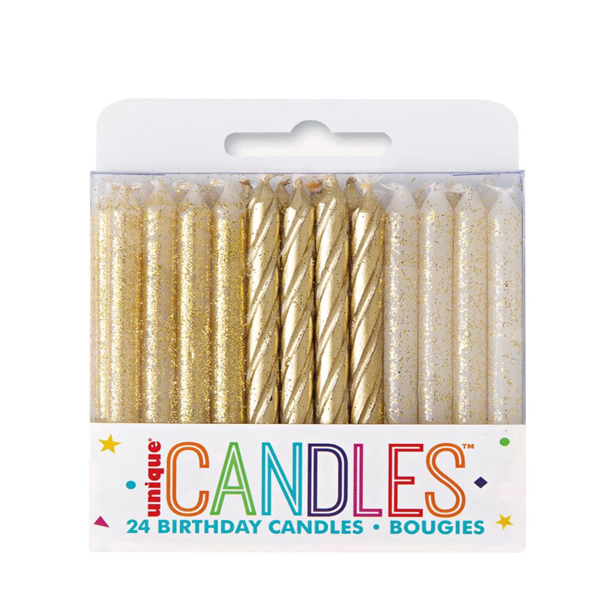 Glitter and Gold Spiral Birthday Candles – Assorted, 24ct
