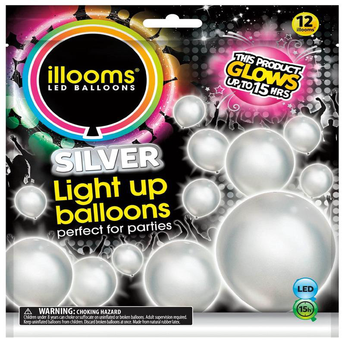 Illooms Solid Silver Light Up Balloons 12ct