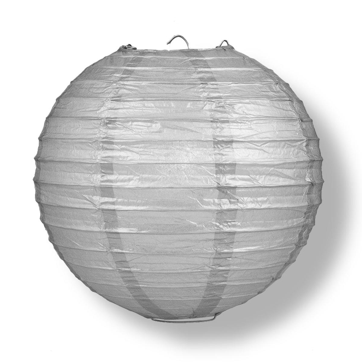 24" Silver Round Paper Lantern, Even Ribbing, Chinese Hanging Wedding & Party Decoration