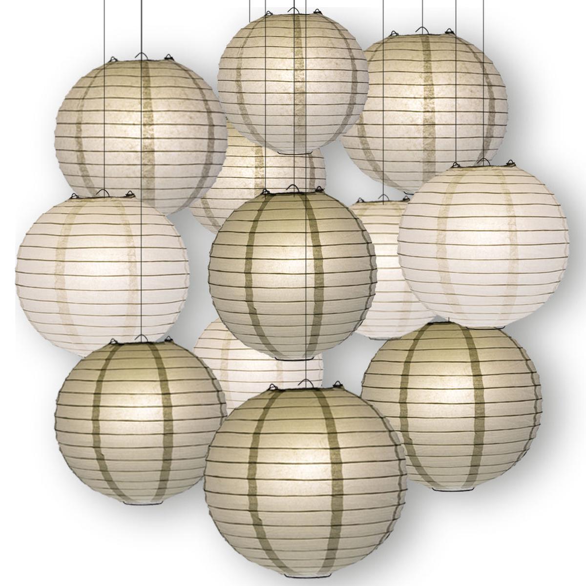 White, Silver and Grey Celebration Party Pack Parallel Ribbed Paper Lantern Combo Set (12 pc Set)