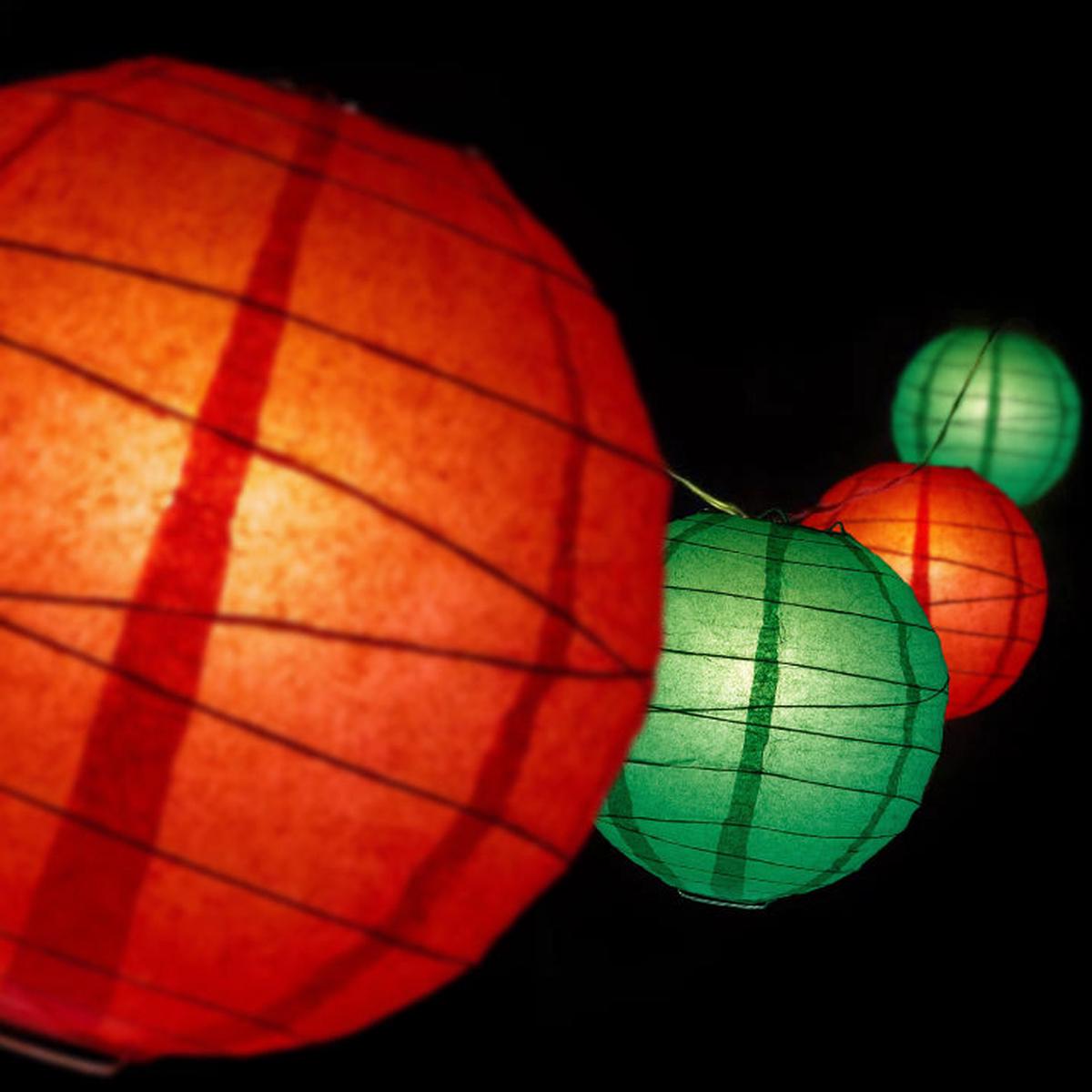 10" Christmas Holiday Red and Green Paper Lantern LED String Light COMBO Kit (21 FT, EXPANDABLE, White Cord)