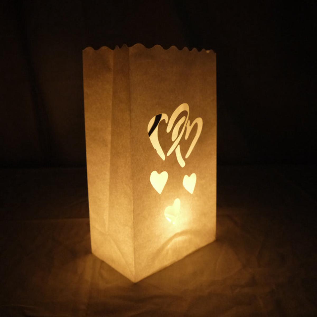 White Double Heart Paper Luminaries / Luminary Lantern Bags Path Lighting (10 PACK)