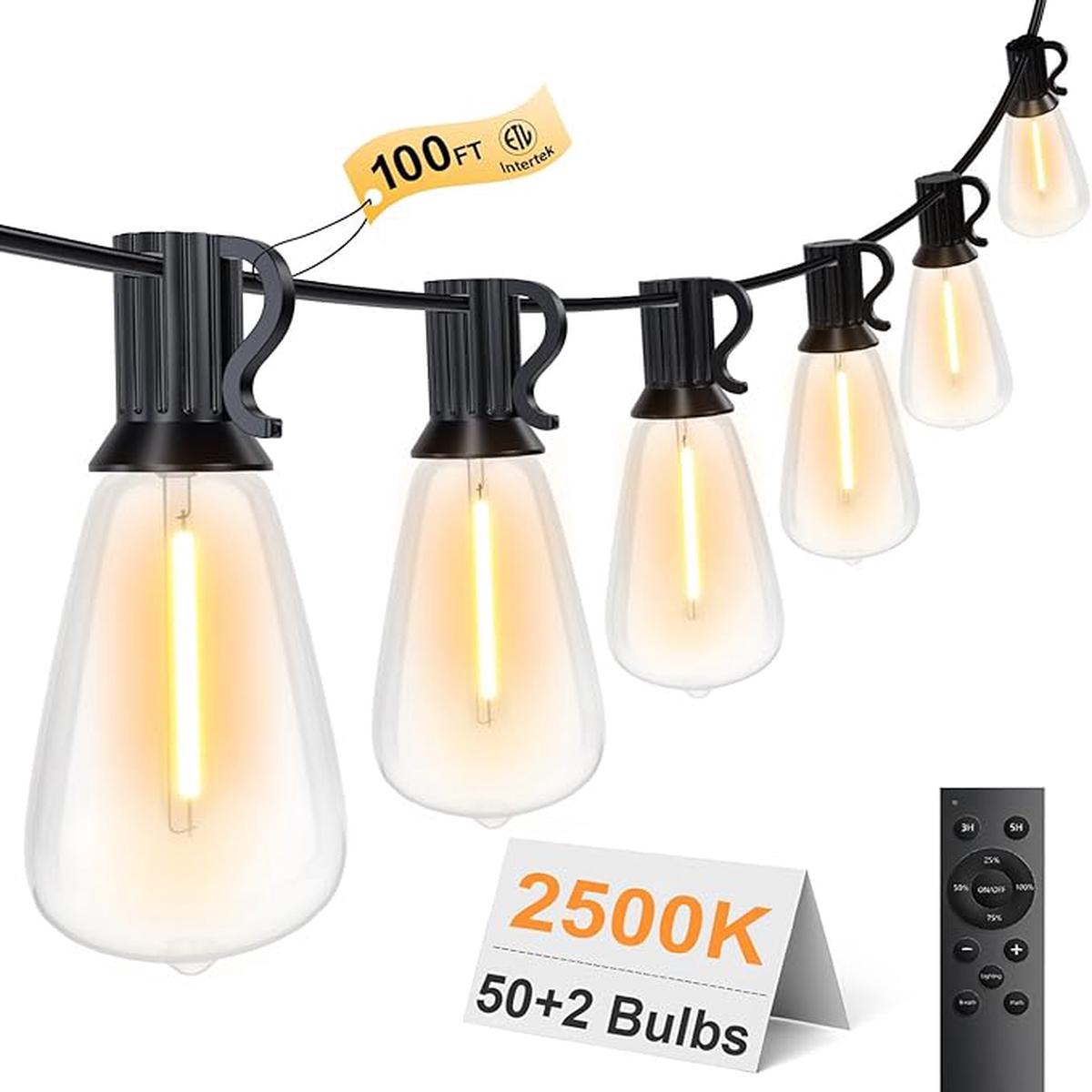 100FT Remote Outdoor String Lights for Outside, 50+2 LED Waterproof Shatterproof Edison Dimmable Timer Bulbs, 2500K Warm White Patio Lights for Garden Backyard Yard 