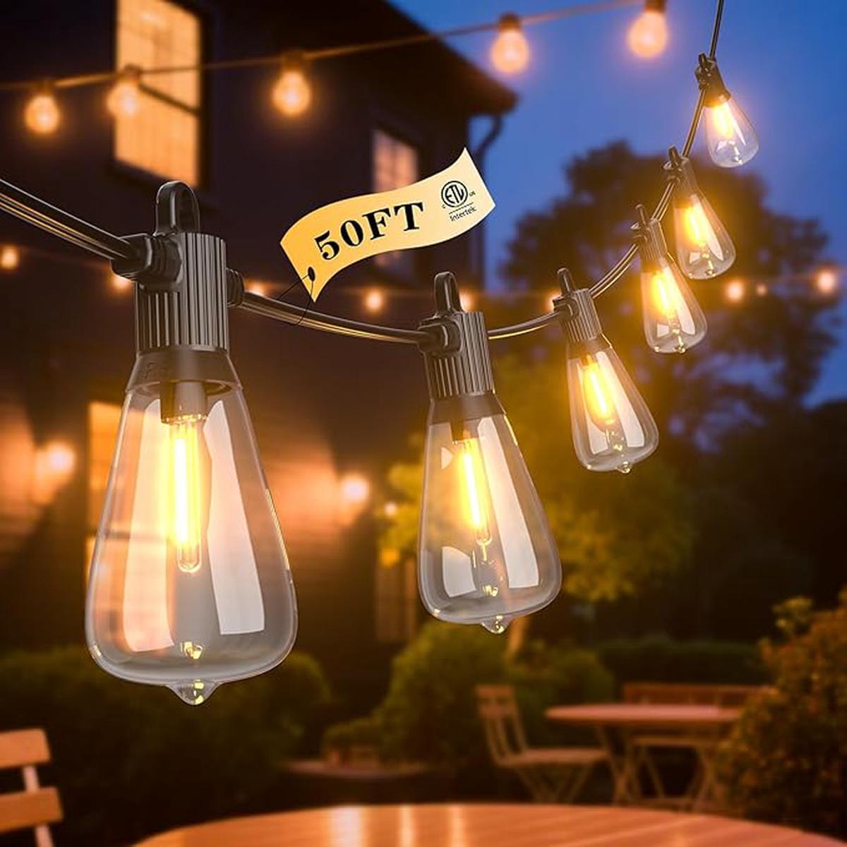 FOOMAN LED Outdoor String Lights, 50FT Outside Waterproof Patio Lights with 25+2 Shatterproof ST38 Edison Bulbs, 2700K Warm White Hanging Light, Dimmable Light for B