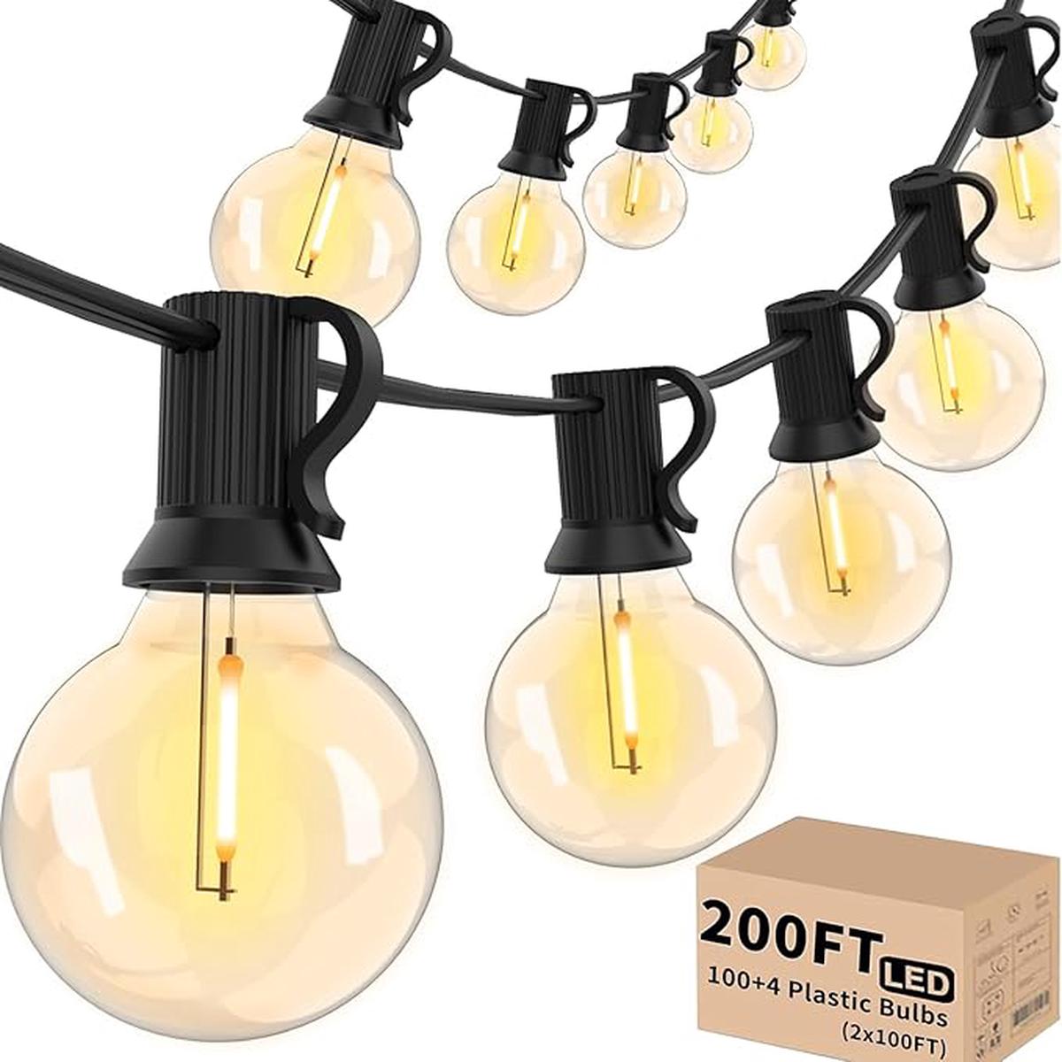 Svater Outdoor String Lights 200 FT, Patio Lights with 104 Shatterproof LED Bulbs, Commercial Grade Waterproof Plastic Hanging Light for Bistro Backyard Cafe Market,