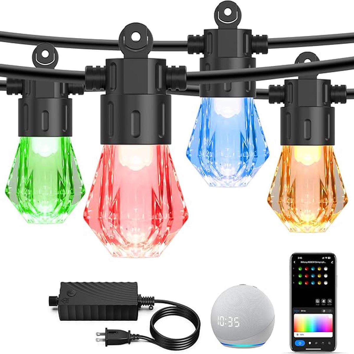 XMCOSY+ 48FT Smart Outdoor String Lights - RGBCWIC Dimmable Acrylic Bulbs, Color Changing LED Patio Lights APP WiFi Control, Compatible with Alexa, IP65 Waterproof O