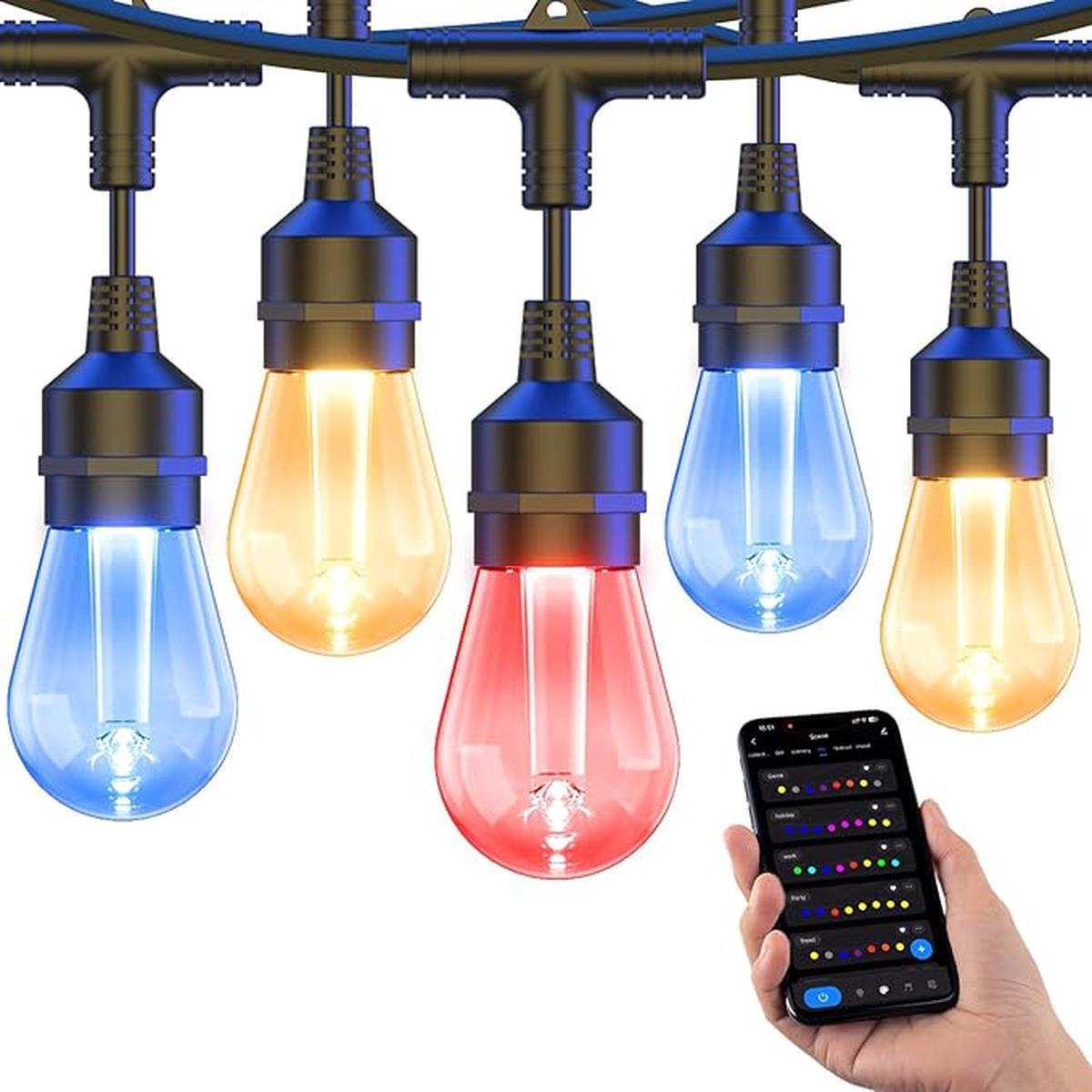 XMCOSY+ Outdoor String Lights Smart, 49Ft RGBCWIC Patio Lights Waterproof, App Control, Compatible with Alexa, Color Changing LED String Light for Outside Yard Garde