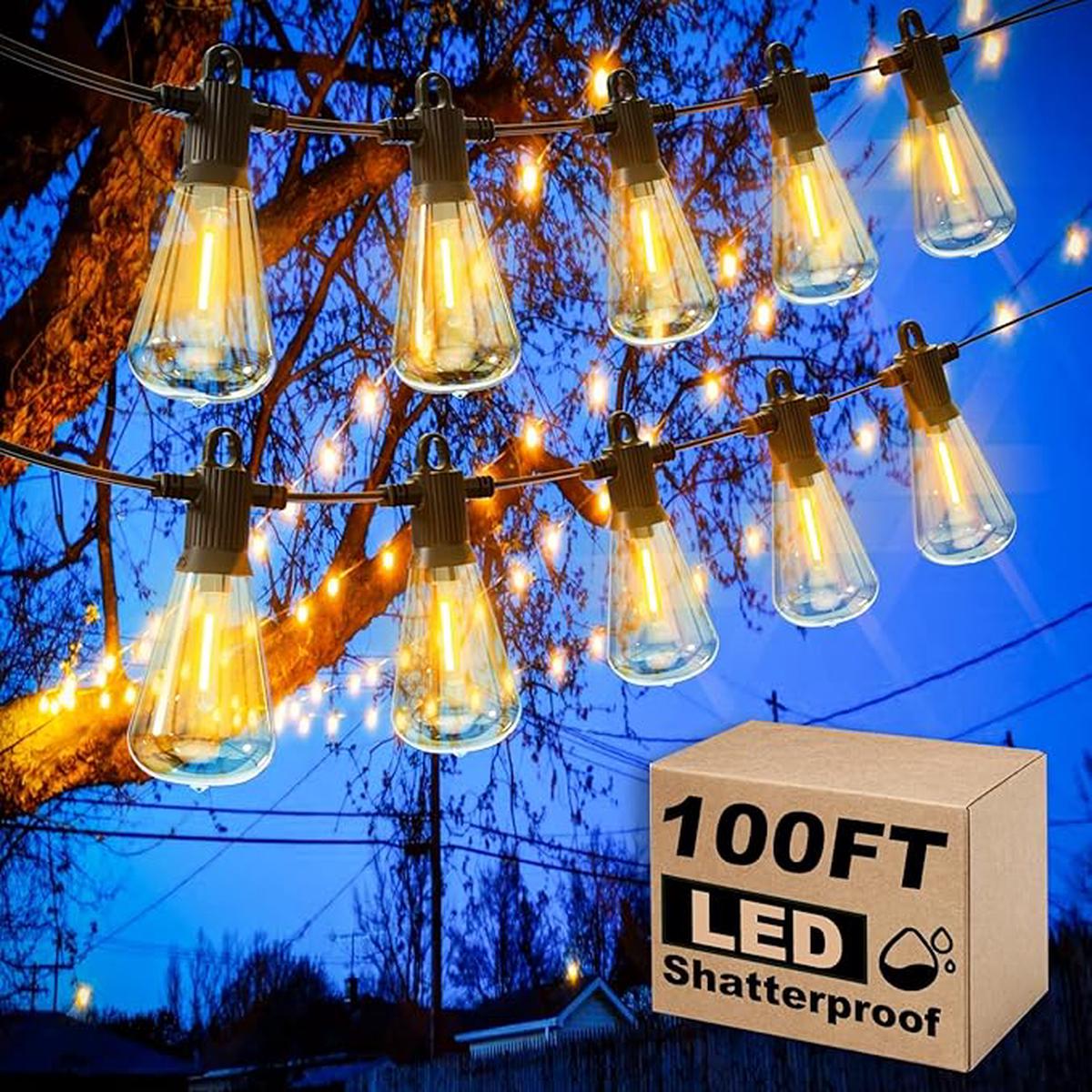 100FT Outdoor String Lights, LED Patio Lights with 50+3 ST38 Vintage Edison Shatterproof Bulbs, IP65 Weatherproof Outside Hanging Lights for Backyard Bistro Cafe Gar