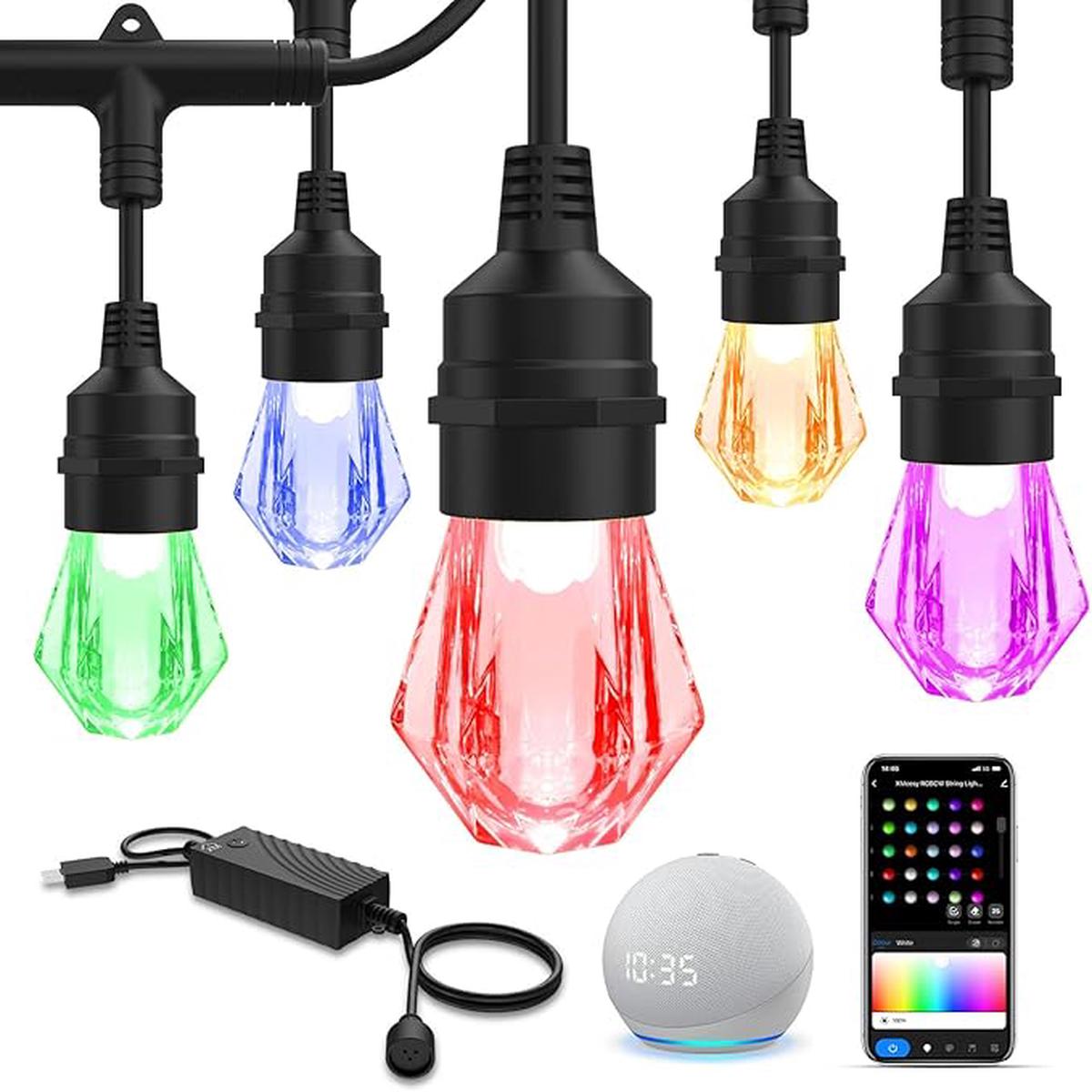 XMCOSY+ Smart Outdoor String Lights - 64ft RGBCWIC Patio Lights with 24 Color Changing Bulbs, LED String Light for Outside Backyard Bistro Party, APP WiFi Control, W