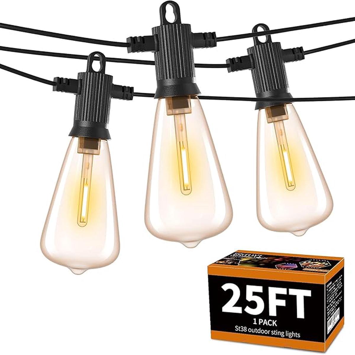 ZOTOYI Outdoor String Lights 25FT, Waterproof IP65 Patio Lights with 13 Shatterproof ST38 LED Bulbs, Outside Hanging Light Dimmable for Backyard, Bistro, Cafe, Garde
