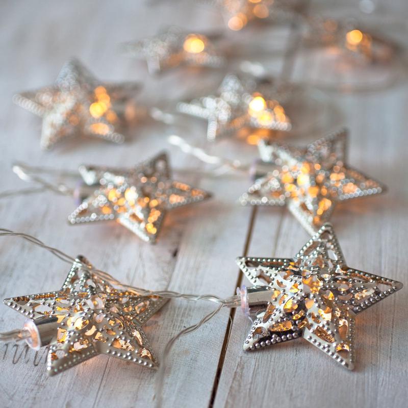 10 Warm White LED Filigree Silver Star Battery Fairy Lights
