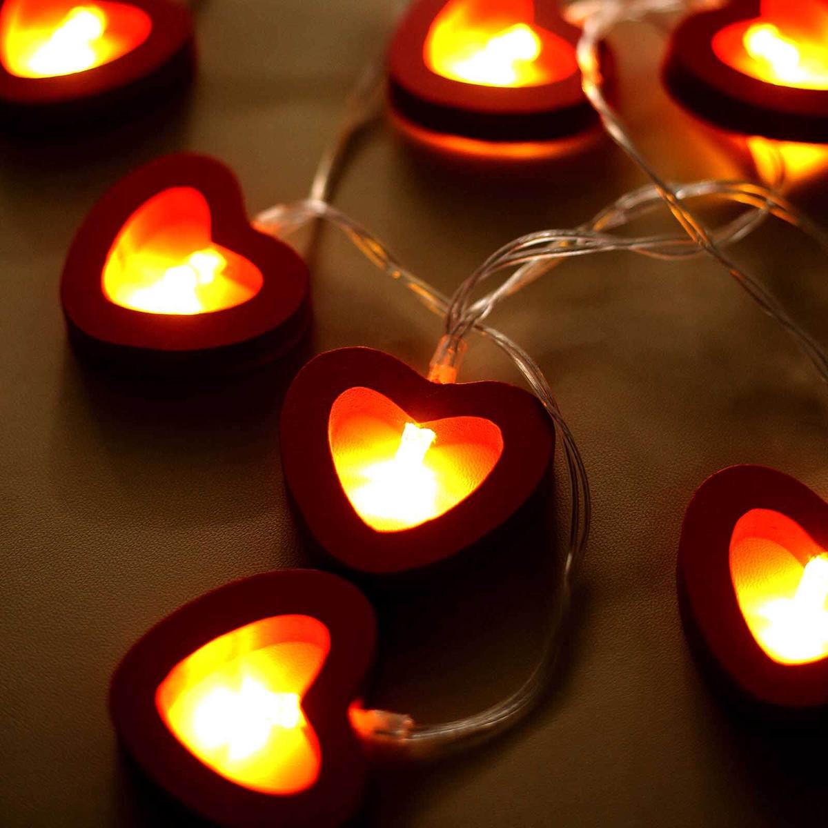 Wooden Heart LED String Lights 5ft Red Warm White - Battery Operated Hanging Decorative Fairy Lights