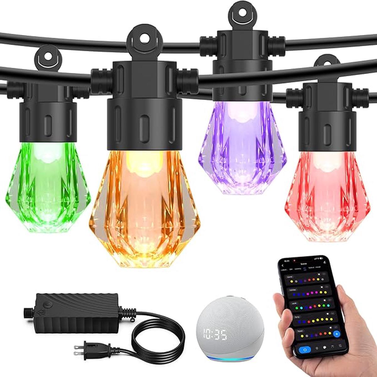 XMCOSY+ 96FT Smart Outdoor String Lights - RGBCWIC Dimmable Acrylic Bulbs, Color Changing LED Patio Lights APP WiFi Control, Compatible with Alexa, IP65 Waterproof O