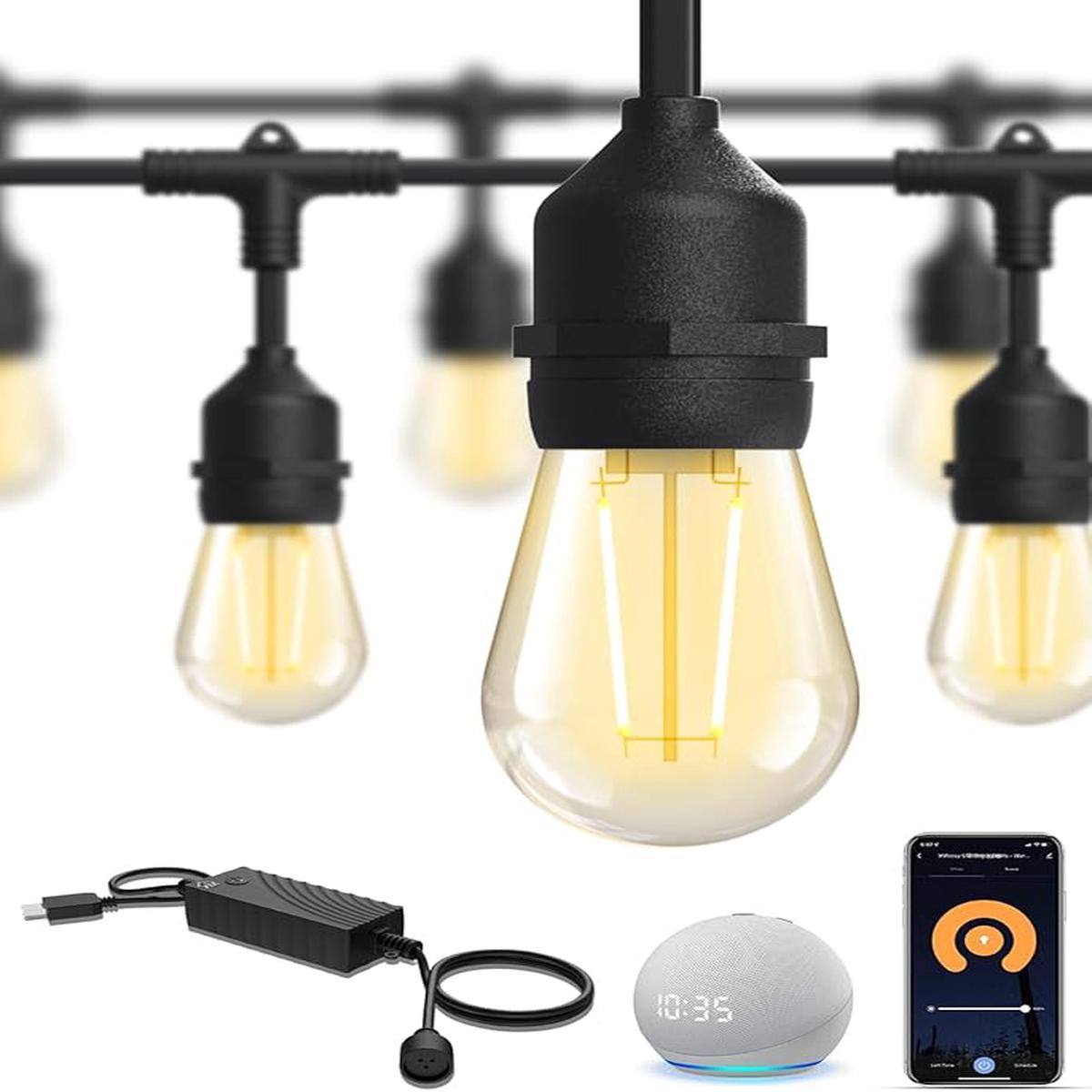 XMCOSY+ Smart Patio Lights 49Ft LED Outdoor String Lights Waterproof IP65, App Control, Compatible with Alexa, Dimmable Edison Bulbs Outdoor Light for Yard Porch Bis