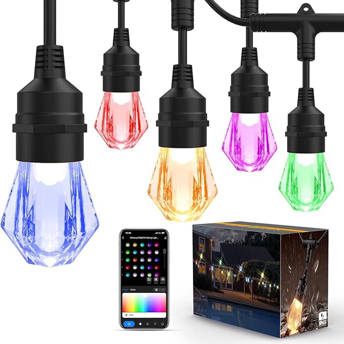 XMCOSY+ Smart Outdoor String Lights - 123ft RGBCWIC Patio Lights with 40 Color Changing Bulbs, LED String Light for Outside Backyard Bistro Party, APP WiFi Control, 