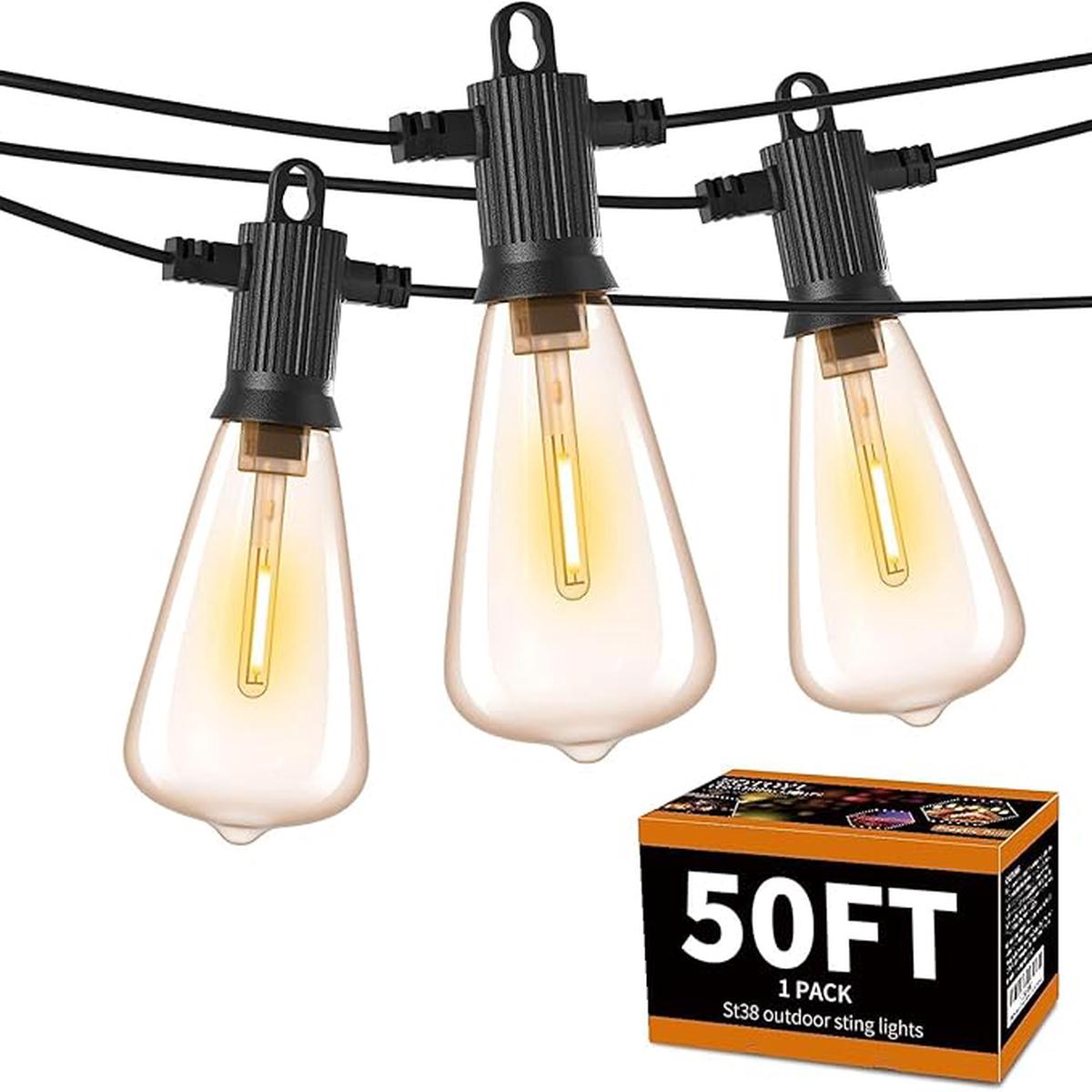 ZOTOYI Outdoor String Lights 50 FT, Patio Bulbs with 27 LED Plastic Edison ST38 Bulbs (2 Spare), Waterproof IP65 Outdoor Hanging Lights for Garden, Backyard, Cafe, P
