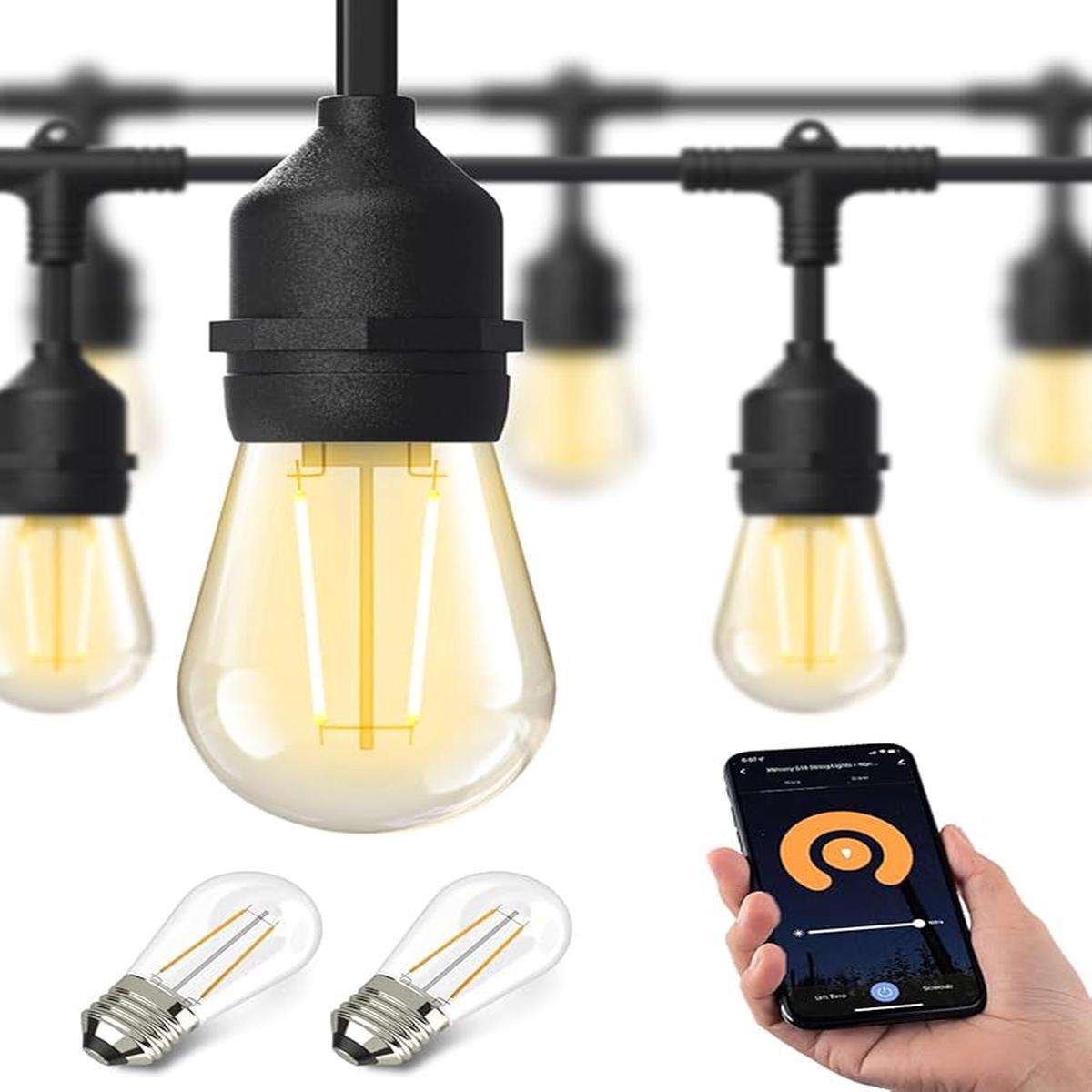 XMCOSY+ Smart Outdoor String Lights, 98Ft LED Patio Lights Waterproof IP65, App Control, Compatible with Alexa, Dimmable Edison Bulbs Outdoor Light for Yard Porch Bi